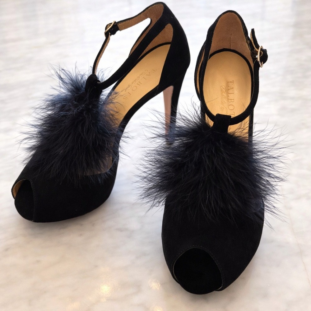 Talbots Black Suede Feather Pom Peep Toe‎ Ankle Strap Stiletto Heels Size 8.5 B